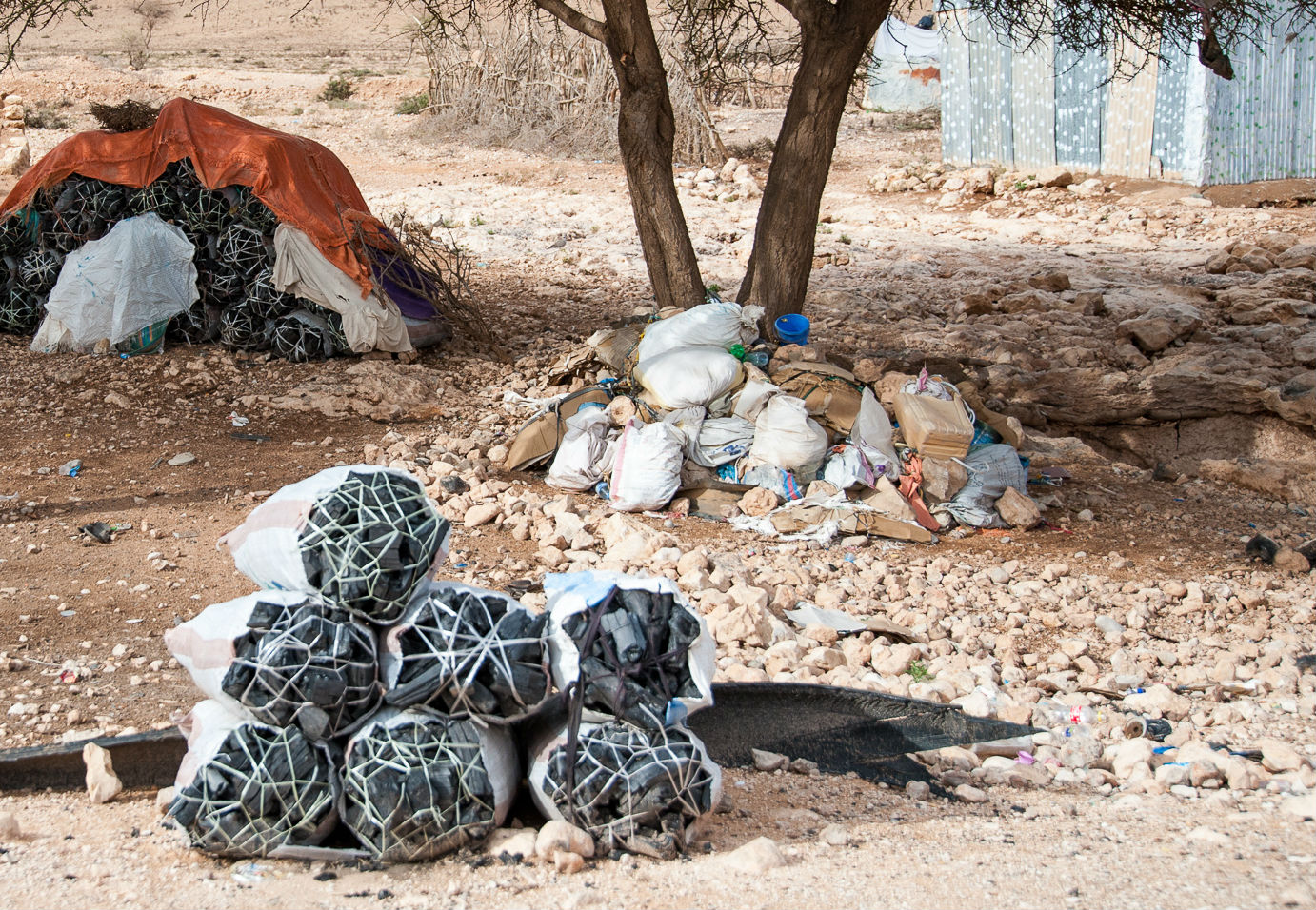 Bags of charcoal laying on the ground with piles of waste and more charcoal on the background